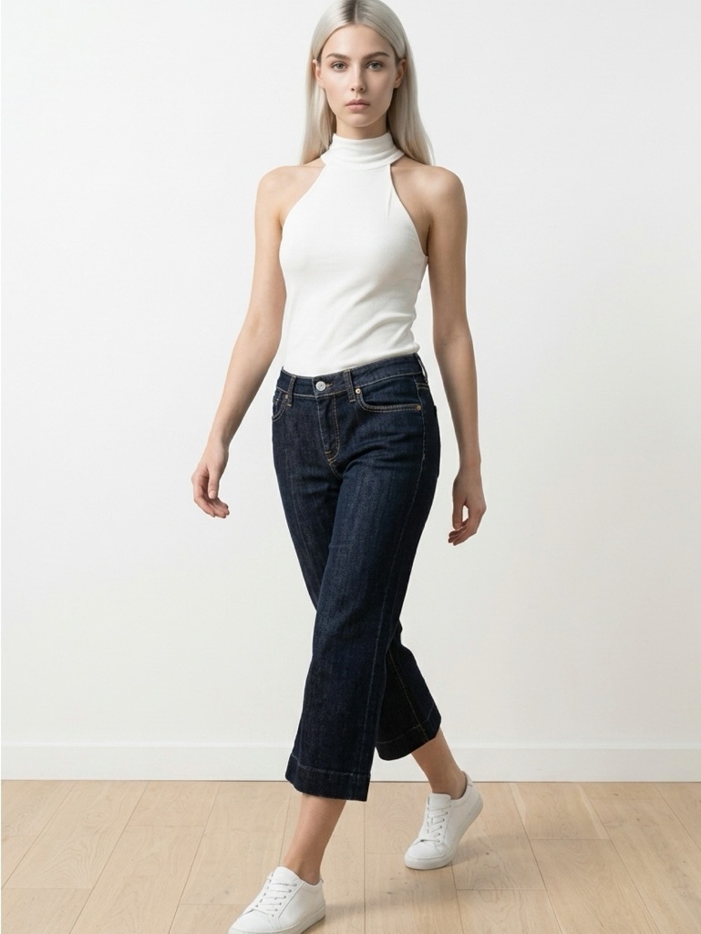For All Mankind Size 30 Dark Indigo Cropped wide Leg Jeans Y2K Stretch Denim